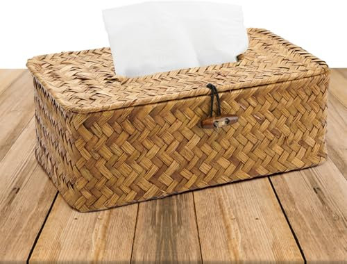 Scatola Porta Fazzoletti con Fondo, 23x13x9cm Porta Fazzoletti Rettangolare Intrecciata, Copertura Scatola di Fazzoletti in Rattan, Porta Kleenex, Scatola Portafazzoletti per Cucina, Bagno, Ufficio