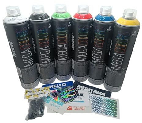 Pack von 6 x 600 ml Montana Mega-Farben + 6 Ersatzdüsen und Geschenkaufkleber ein