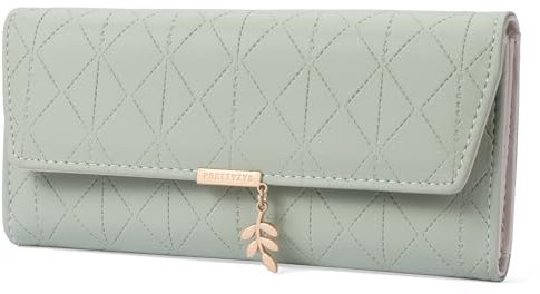 FALAN MULE Portefeuille Long pour Femme en Cuir synthétique avec 9 emplacements pour Cartes, Grand Porte-Monnaie zippé et de Nombreux Compartiments, Pochette, Vert Menthe, Minimaliste