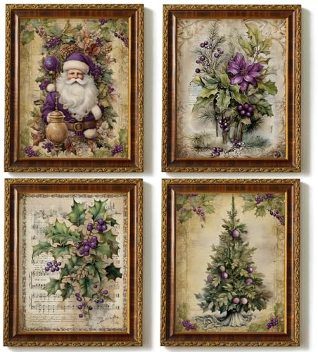JXREQ Vintage-Weihnachtsbilder, Wanddekor-Drucke, lila, Weihnachtsdekoration, Dekoration für Zuhause, Küche, Schlafzimmer, Badezimmer, Wohnzimmer, Büro, Weihnachtsmann, Weihnachtsbaum-Dekor-Drucke