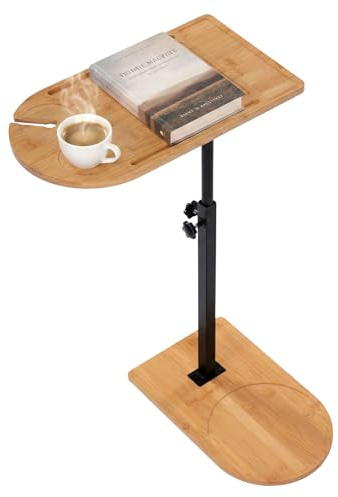 C-Shaped Lifting Side End Table Movable Bed Side Table Adjustable Height Sofa Tray Tables 360° Swivel Bamboo Bathtub Tray Tables for Living Room, Study Room, Bedroom, Office, Balcony, Bathroom