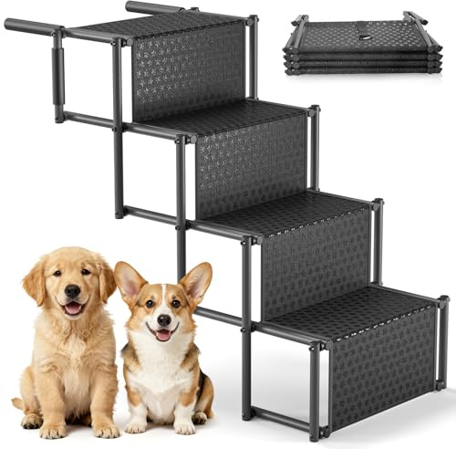 Hundetreppe für Große Hunde, 4 Stufen, mit Rutschfester Oberfläche und Karabinerhaken, Wasserabweisende PVC, Hundetreppe Auto für Kleine Hunde, Hunderampe Auto Klappbar (Unterstützt Bis Zu 80 kg)