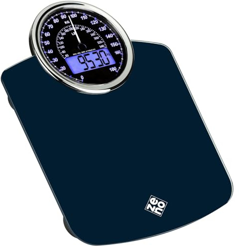 ZENO Pèse-personne Hybride - NOUVEAU - 2-en-1 Digital et Analogique - Jusqu'à 180 kg - Verre trempé épais - Grand écran - Lecture facile - Bleu foncé
