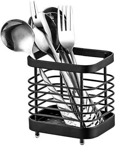Brilovent Utensil Holder, Stainless Steel Cutlery Drainer Sink Caddy, Anti-Rust Sink Tidy Kitchen Sink Organiser, Cutlery Organiser for Kitchen Utensil (Black)
