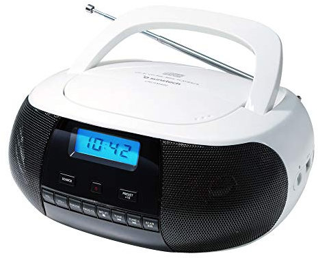 Sunstech CRUSM400. Radio CD portátil 2 W con sintonizador FM PLL (20 presintonías), Lector de CD/CDR/RW / MP3 y formatos MP3 / WMA. Conexiones USB y Auxiliar. Color Blanco.