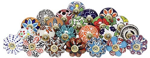 FOLK CRAFT Kitchen Cabinet Knobs - Pack of 30 - Indian Countryside Colorful Assorted Ceramic Drawer Pull Handle Dresser Cupboard Wardrobe Knob Boho Room Interior Decor - Multicolor