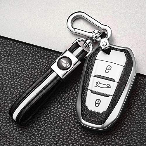 ontto Coque de clé de Voiture pour Peugeot 308 408 508 2008 3008 4008 5008 Citroën C4 C4L C6 C3-XR - en Cuir TPU - 3 Boutons - Argent