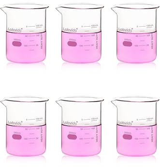 Labvida 6pcs of Griffin Low Form Glass Beakers, Vol.200ml, 3.3 Borosilicate with Printed Graduation, LVA020