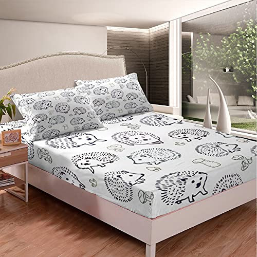 Kinder Igel Spannbettlaken 140x200cm Niedlich Pilz Wildtier Spannbetttuch Für Jungen Mädchen Schwarz Weiß Igel Dekor Bettlaken Set Natur Schlafzimmer 2St