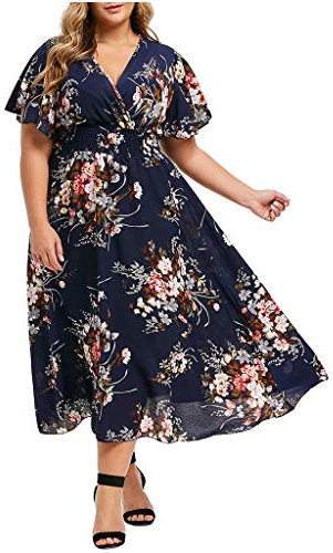 Plus Size Maxikleider Mode Sommerkleid Damen Blumendruck V-Ausschnitt Abendkleid Kurzarm Freizeitkleid Kurzärmliges Kleid mit für in Übergröße Schönes Tunikakleid Partykleid