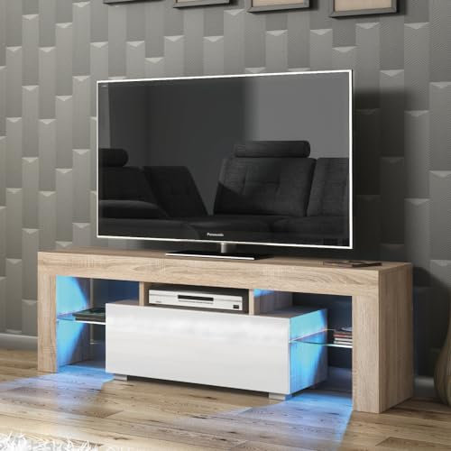 Creative Furniture TV Unit 130cm Oak Modern Stand White Gloss Doors Free LED