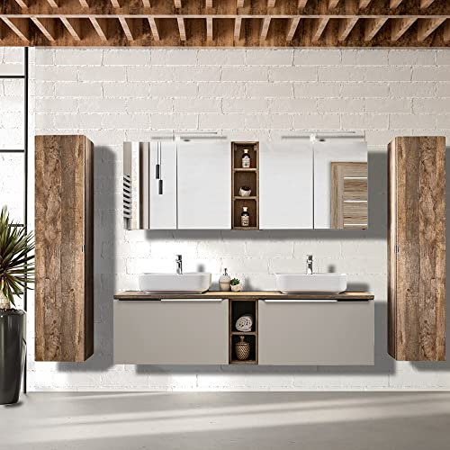 Lomadox Badmöbel Komplett Set in Taupe mit Vintage Eiche, 180cm Doppel Waschtischunterschrank, 2 Keramik Waschbecken, Regale, 2 LED-Spiegelschränke, 2 Hochschränke