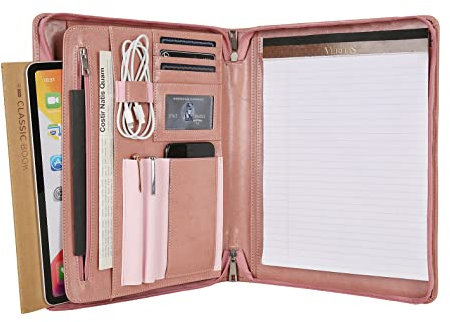 Padfolio da donna, portafoglio in pelle rosa con cerniera, organizer in pelle vegana con supporto per blocco appunti A4 per riprendere, interviste, riunioni, non personalizzato
