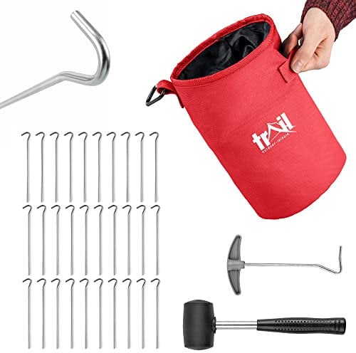 Trail 30 x Heavy Duty Tent Pegs Preformed Steel with Mallet, Peg Extractor and Bag with Carabiner Clip (Peg Size: 22.5cm x 4.5mm)