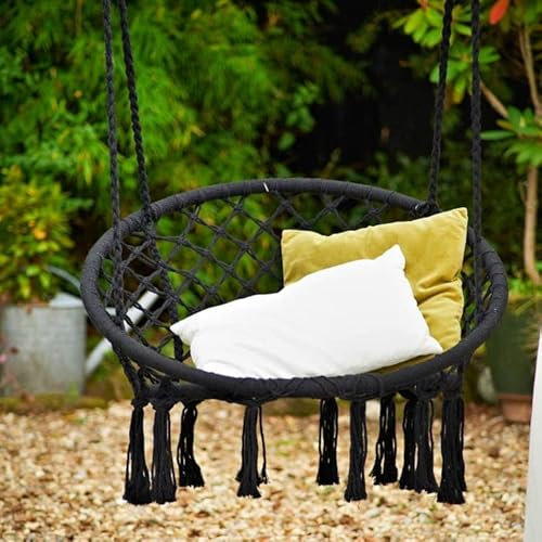 Black Hanging Chair Macrame Swing, Cotton Rope Swing Chair, Comfortable Sturdy Swinging Chairs for Indoor, Outdoor, Home, Patio, Yard, Garden