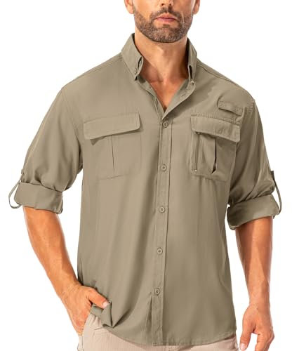 Asfixiado Hemd Herren Safari UPF50+ UV Schutz Wanderhemd Herren Langarm Funktionshemd Outdoorhemd Atmungsaktiv Schnelltrocknend Casual Button Down Shirts(Khaki L)