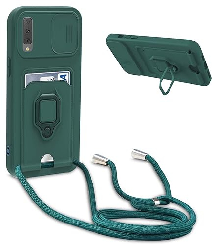 Handykette Schutzhülle kompatibel mit Samsung Galaxy A50/A50S/A30S Handyhülle mit Band,Schiebe Kameraschutz,360 Grad Ringhalter Stand,Kartenfach,Verstellbarer Halskette Silikon hülle - Dunkel Grün