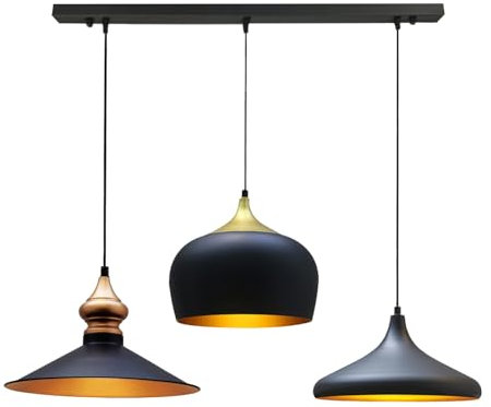 bamyum Magna Pendelleuchte Esstisch 3 Flammig Schwarz Gold, Hängelampe Esstisch Vintage, Esstischlampe, Lampenschirm Hängelampe Schwarz Gold, Pendelleuchte Esstisch Wohnzimmer Esszimmerlampe Vintage