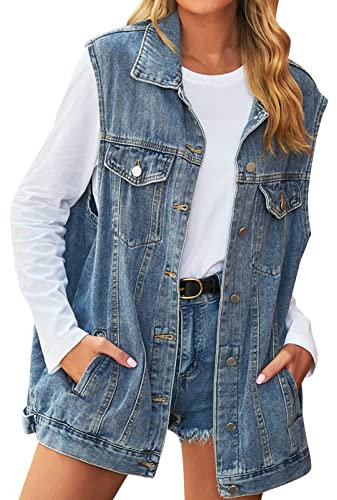 DABAOK No Sleeve Vest Fashion Medium Long Coat Turn Down Collar Coat Sleeveless Denim Jacket Furry Vest Costume (Blue, L)