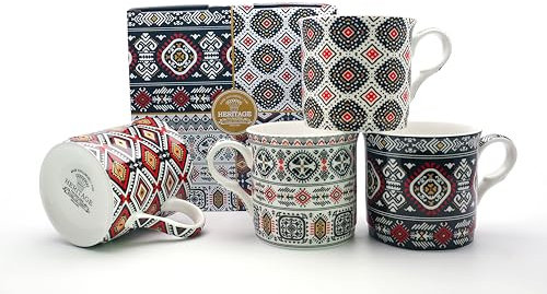 heritage FINE Bone China Set of 4 Mugs Gift Boxed Inca Design Mugs Free UK DELIVERY