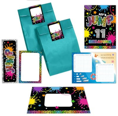 12 Einladungskarten zum 11. Kindergeburtstag Mädchen Jump Trampolin Einladungen elfte Geburtstag incl. 12 Umschläge, 12 Tüten/petrol, 12 Aufkleber, 12 Lesezeichen, 12 Blöcke, 12 Schiffe versenken