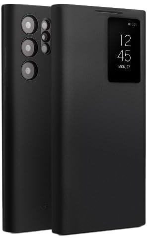 PuRoxx Hülle für Samsung Galaxy S23 Ultra/S23 Plus/S23, Luxus Business Echt Leder Intelligentes Fenster Magnetische Klapp Handyhülle mit Kartensteckplatz,Schwarz,S23 Ultra
