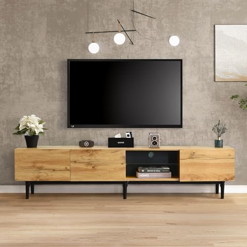 MQGPM Mueble de TV de menos de 75 pulgadas, estilo rústico, armario bajo con 3 puertas y estante abierto, tabla de TV con mucho espacio de almacenamiento, aparador de TV retro, armario para sala de