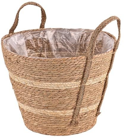 DEMA Pflanzkorb Seasons, Natur Seegras Pflanzgefäß, Blumenkorb, 40 cm, Folie, Tragegriffe