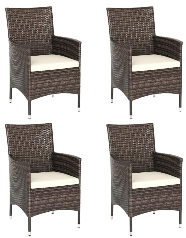 Outsunny 4 Pieces Outdoor PE Rattan Dining Chairs Set Cushion Coffee | Garden Armchair, Armrests, High Backrest, Metal Frame, Patio Wicker Furniture