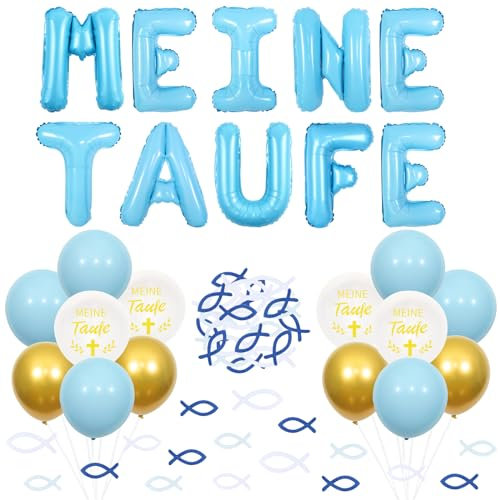 Fangleland Meine Taufe Deko Junge, Dekorationen für die Taufe Blau Meine Taufe Folien Ballon Banner Holz Fisch Streudeko Luftballons für Kommunion Taufe Party Dekoration