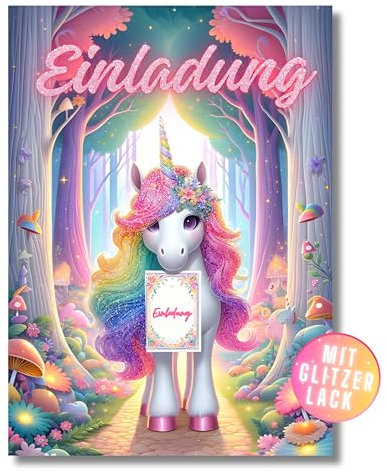 HIDEBLOOM GLITZER Einhorn Einladungskarten Kindergeburtstag Mädchen I 12 Stück I DIN A6 (10,5 cm x 14,8 cm) I Einladung Geburtstag mit Glitzerlack I Glitzer Geburtstagseinladungen Einhorn Kinder