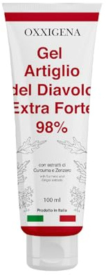 Oxxigena - Gel Artiglio del Diavolo Extra Forte 98%, ad Azione Lenitiva e Balsamica, con Aggiunta di Olio Essenziale di Curcuma e Zenzero, Assorbimento Rapido, Made in Italy, 100 ml