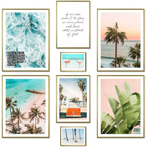ARTFAVES® Set di poster - VIBRAZIONI ESTIVE - decorazione da parete in più parti Soggiorno e camera da letto - 8 quadri da parete moderni Estate, spiaggia, mare, spiaggia, oceano - cornici oro