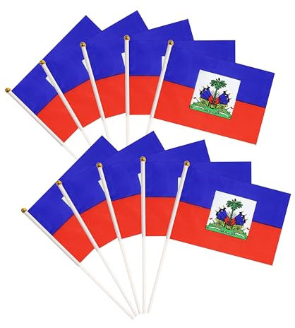 Lot de 50 petits drapeaux haïtiens haïtiens à main sur bâton, drapeaux nationaux miniatures, décorations de fête pour défilés, festivals internationaux