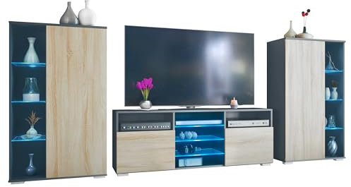 Vladon Wohnwand Davos, Anbauwand bestehend aus 2 Vitrinen und 1 TV-Board, Anthrazit matt/Eiche sägerau inkl. LED-Beleuchtung (329 x 134 x 35 cm)
