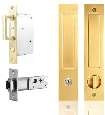 RRANXSZ Privacy Pocket Door Hardware, Brushed Gold, Pocket Door Lock and Pull, Push-in Pocket Door Flush Handles,200mm Flush Handles and Pop-up Door Edge Pull