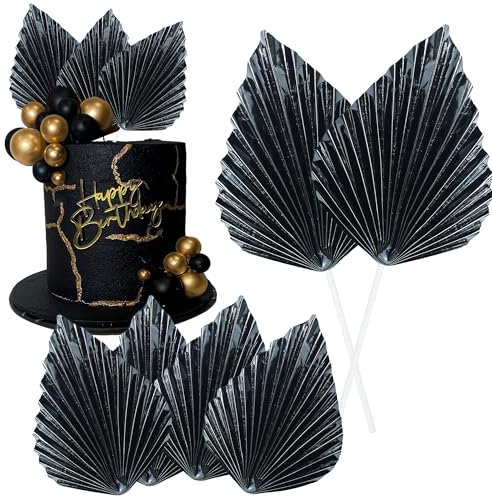 Gyufise 6Pcs Bright Black Paper Palm Fan Cake Toppers Palm Spear Leaves Fan Cupcake Toppers Cake Insert Decorations Craft DIY Cake Bakeware Decoration for Birthday Party Wedding Party