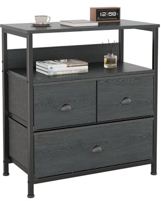 CAIYUN Bedside Table Cabinet with 3 Drawers for Bedroom, Nightstand Sofa Sid with Storage for Living Room, End Table with Metal Frame and Open Shelf, Wooden Nightstand, Black Wood Veins