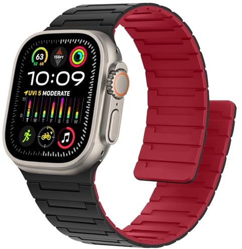Bisikor Compatible con Apple Watch Correa 49mm 46mm 45mm 44mm 42mm Correas Magnética de Silicona Suave Deportiva para iWatch Ultra2 SE Series 10 9 8 7 6 5 4 3 2 1 (Negro/Rojo)