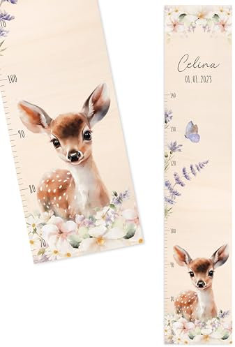 Bärenfreunde® - Personalisierte Messlatte Kind Holz zum Kleben oder Aufhängen - Skala 70-140cm - Süße Dekoration für Baby- & Kleinkinderzimmer (Kinder 70-140cm, Reh Blumen)