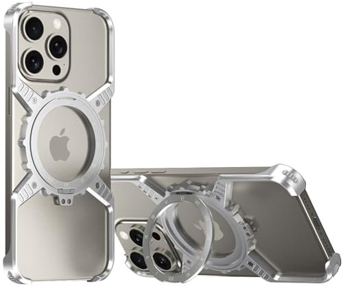 Case for iPhone 13 Pro Max/13 Pro/13, Aluminum Alloy Mechanical Gear Case with 360° Rotating Stand, Compatible with MagSafe,Silver,13