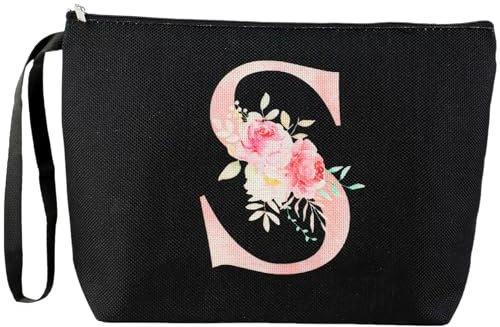 Blisswave Pochette Personalizzata dalla A alla Z, Regali per Donna, Mamme e Amica, Regali di Natale e Compleanno, Elegante e Carina Beauty Case da Viaggio con Iniziale Nome Floreale Rosa (Nero)