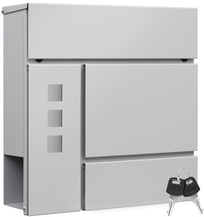 WOLTU Briefkasten Postkasten mit Zeitungsfach Sichtfenstern Klappdeckel, Wandbriefkasten abschließbar, mit 2 Schlüsseln, modern, Grau, 37x37x10,5 cm