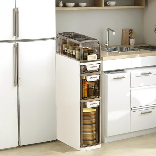 Cachpib Armoire de salle de bain, étroite, en plastique, avec roulettes, 4 étages, avec porte-papier toilette, étanche, pour salle de bain