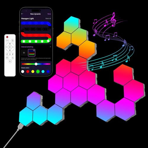 COLWINKU Hexagon Lights Gaming with Remote & App Control, 20 Pack RGB Led Hex Light Panels, Geometry Night Lamp DIY Hexagon Smart Wall Lights Sync to Music for Room Bar Decor Gaming Setup