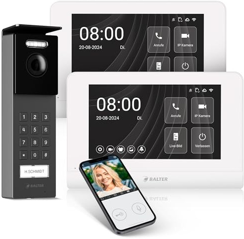 Entri Video Türsprechanlage, Aufputz Türklingel mit Kamera, Smartphone App, 1 Familienhaus, Video Türklingel, 2x7“ HD-Monitor, Full HD Kamera, Gegensprechanlage mit Türöffner und Numpad, 2 Draht Bus