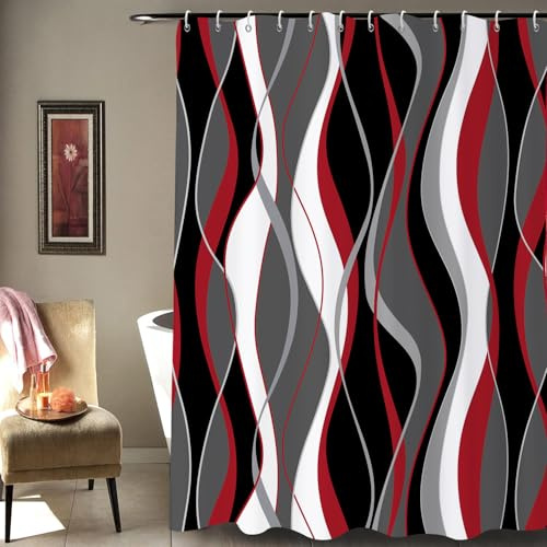 GCIREC Duschvorhang, 200x180cm, Moderne Abstrakte Schwarz Grau Weiß Rot Ombre Gestreift Minimalistische Kunst Wasserdicht Stoff Badezimmer Vorhang Maschinenwaschbar mit Häkchen