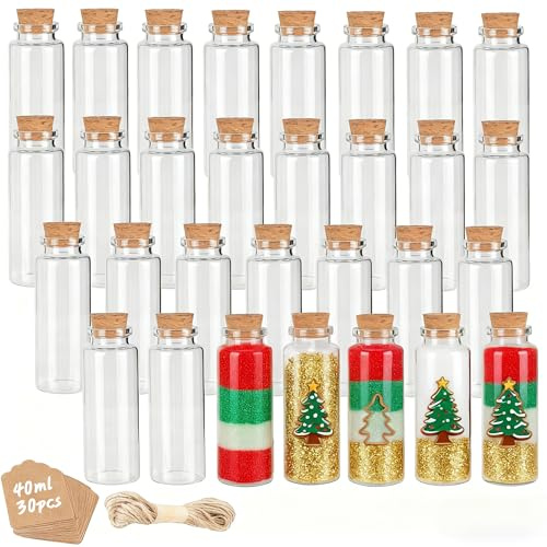 1ZIZIFA8 Mini Glass Jars, 30 Pcs 40 ml Small Sample Jars with Cork Lids, Tags & Twine,Glass Vials for DIY Carft, Wedding Favors, DIY Message