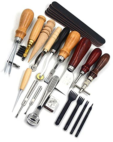 Dioche Ensemble d'outils de Poinçonnage en Cuir en Cuir Polyvalent - 19pcs Kit de Travail en pour les Projets de Couture, de Sculpture et de Bricolage - Construction en Métal Solide pour une