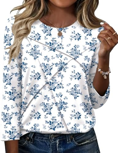 Kistore Ladies Tops 3/4 Sleeve Top for Women Crew Neck Pleated Shirts S-XXL